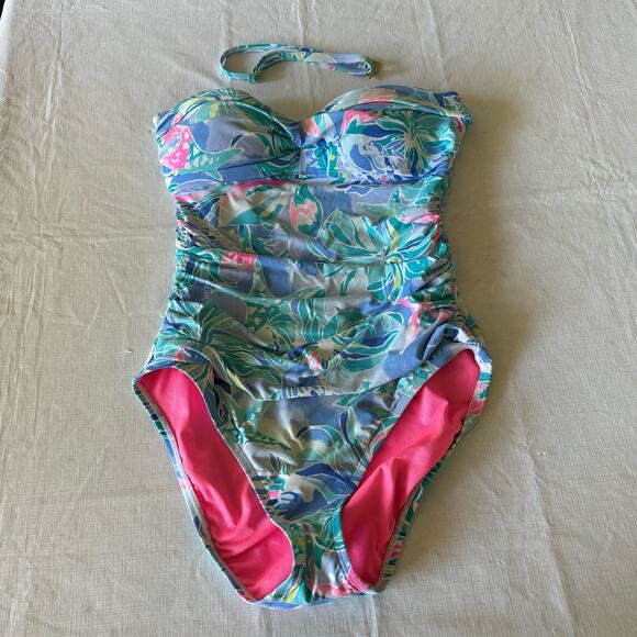 Lilly Pulitzer Blue Celestial Seas Ruched 1 Piece Swimsuit Size 8 Pink Green - Picture 4 of 10